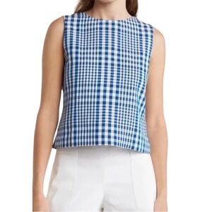 Theory Top Dillon Plaid Cropped Shell Sleeveless Size Petite Blue White Blouse